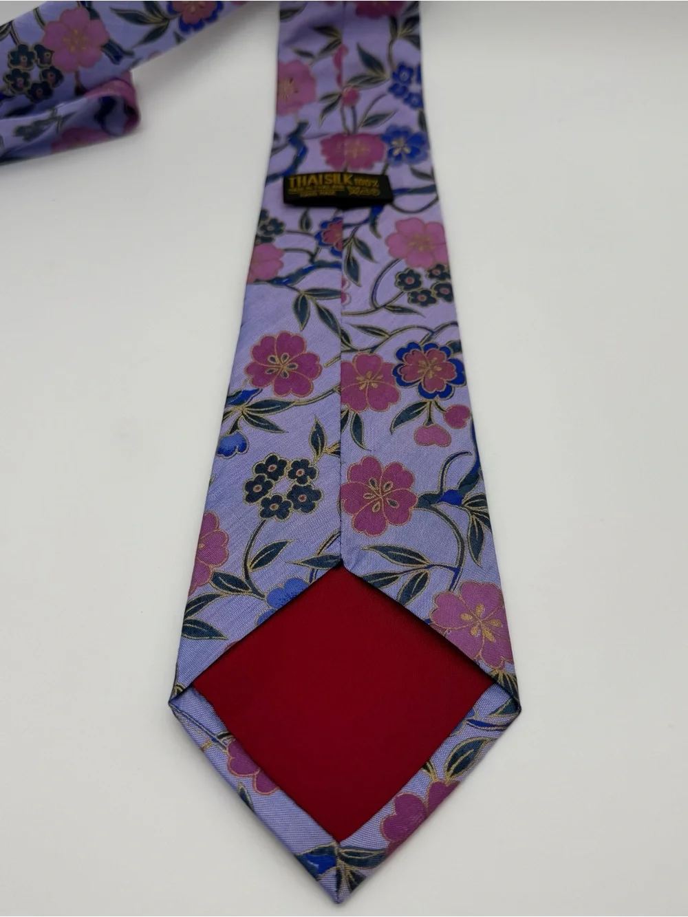 Men's Floral Silk Tie Lavender with Pink and Blu 100% Silk Handmade in Thailand